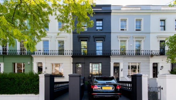 Dark and distinctive façade of a luxury townhouse for sale in Notting Hill