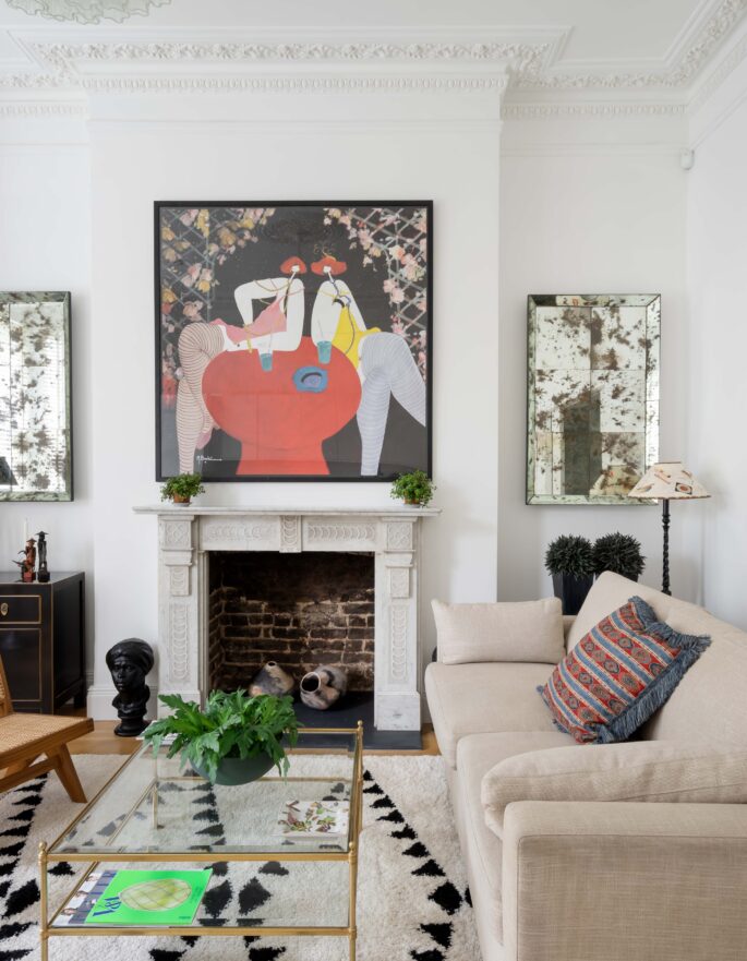View of living room fireplace in classic London townhouse
