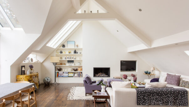 Reception room with vaulted ceiling in a three-bedroom maisonette for sale in Holland Park