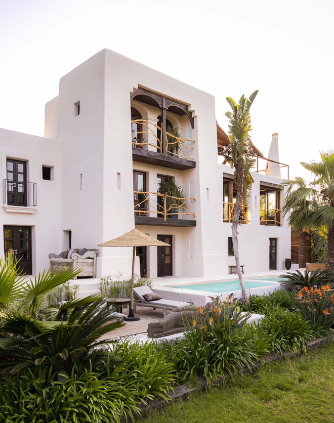 Impressive whitewashed frontage of a villa in Ibiza
