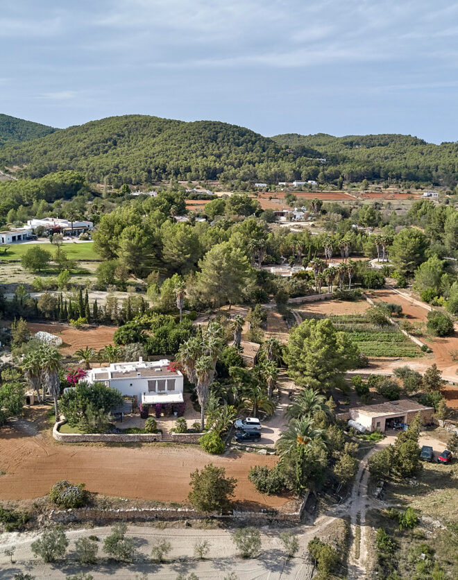 Aerial view of a rural villa for sale in Ibiza