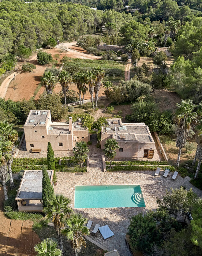Pool and casitas of a villa for sale in northern Ibiza
