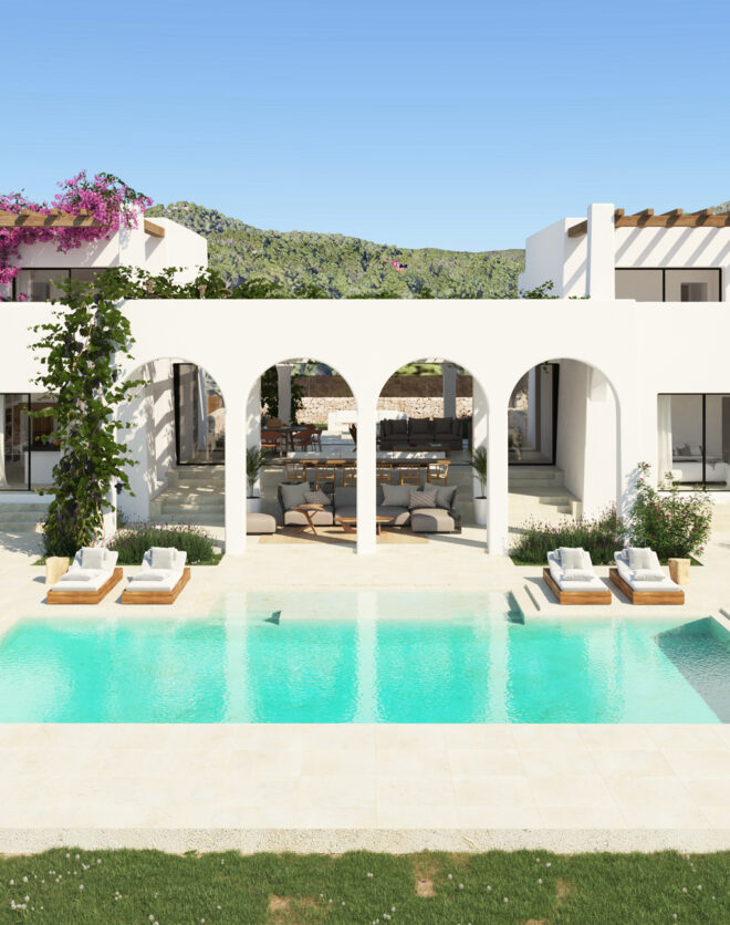 Render showing a turquoise pool stretched out in front luxury villa in Ibiza
