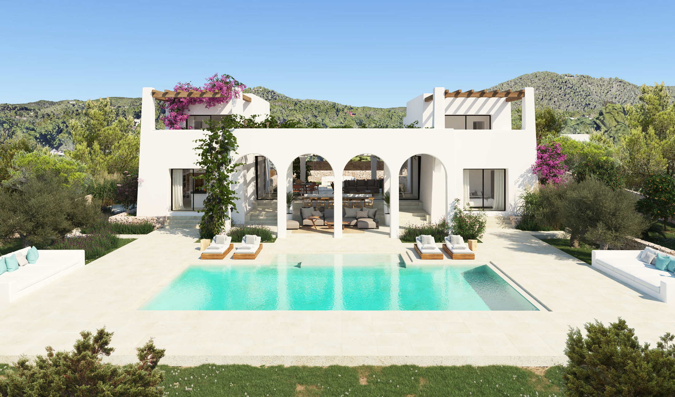 Render showing a turquoise pool stretched out in front luxury villa in Ibiza