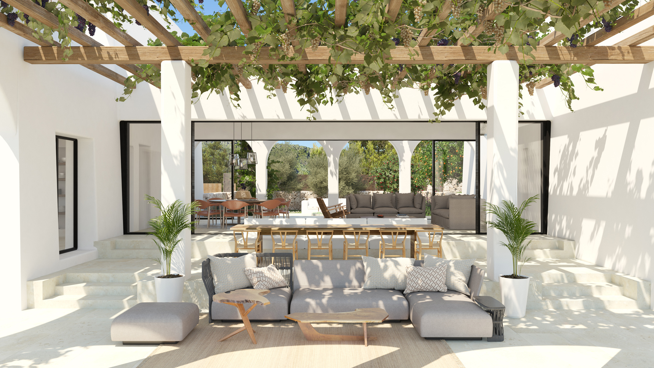 Render showing the outdoor dining area of a luxury villa for sale in Ibiza