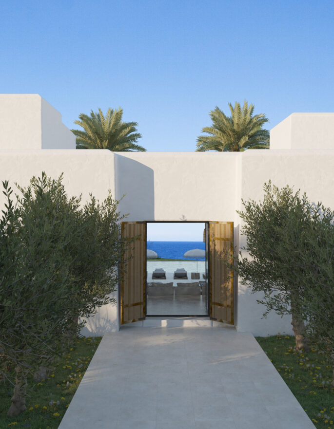 Render showing entrance to a design-led villa near Cala Llenya