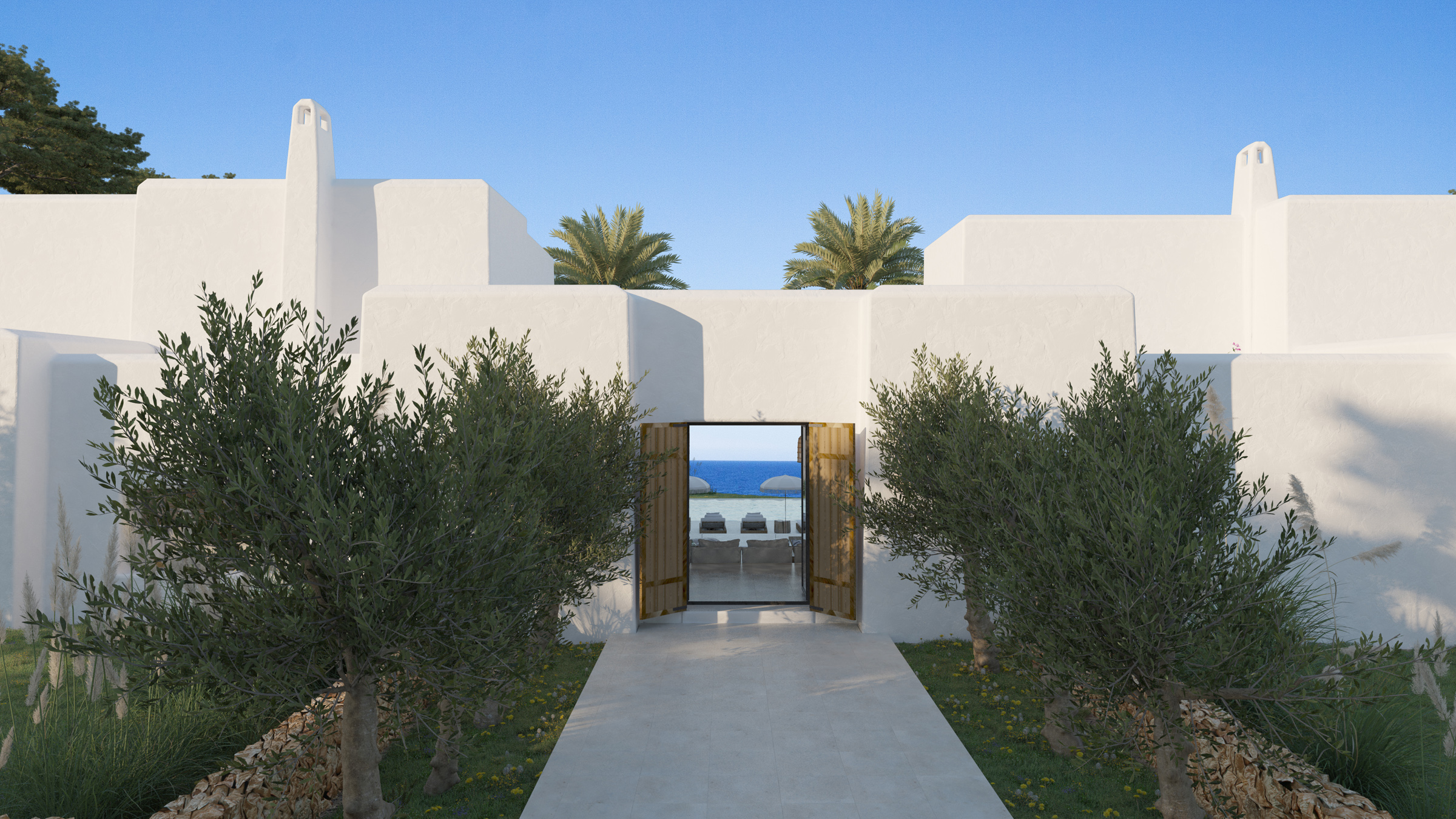 Render showing entrance to a design-led villa near Cala Llenya