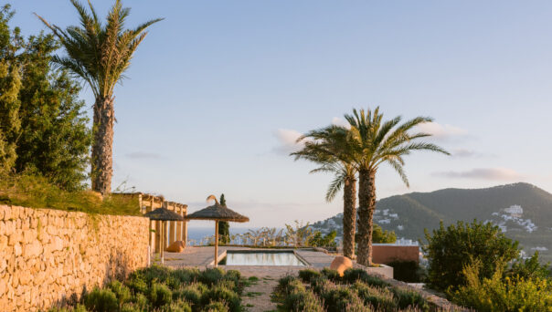 View of swimming pool and hills at Ibiza villa