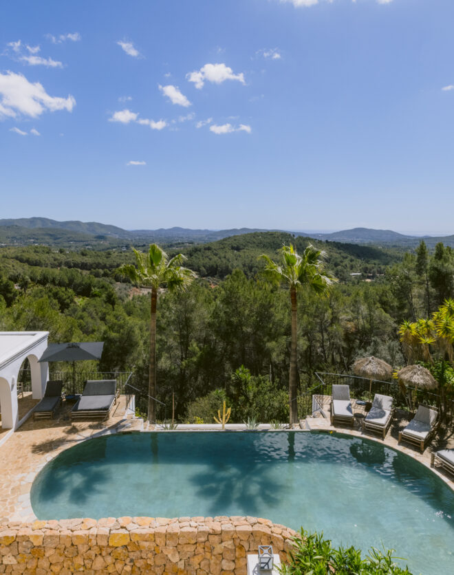 View over Central Ibiza from villa and swimming pool near Santa Gertrudis