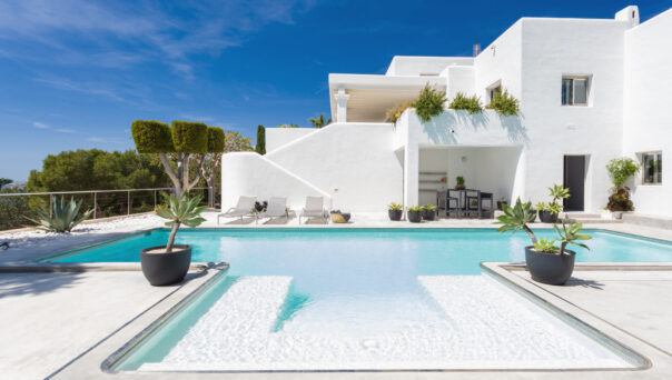 Swimming pool exterior at Can Colima, a luxury rental villa in Ibiza