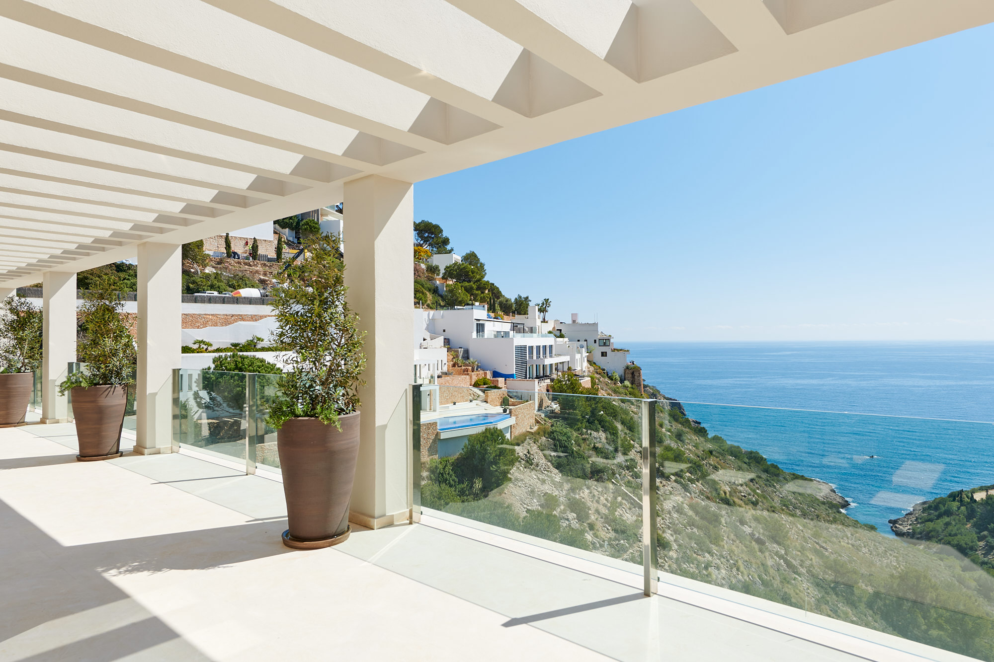 View out to sea from the terrace of a private villa in Ibiza