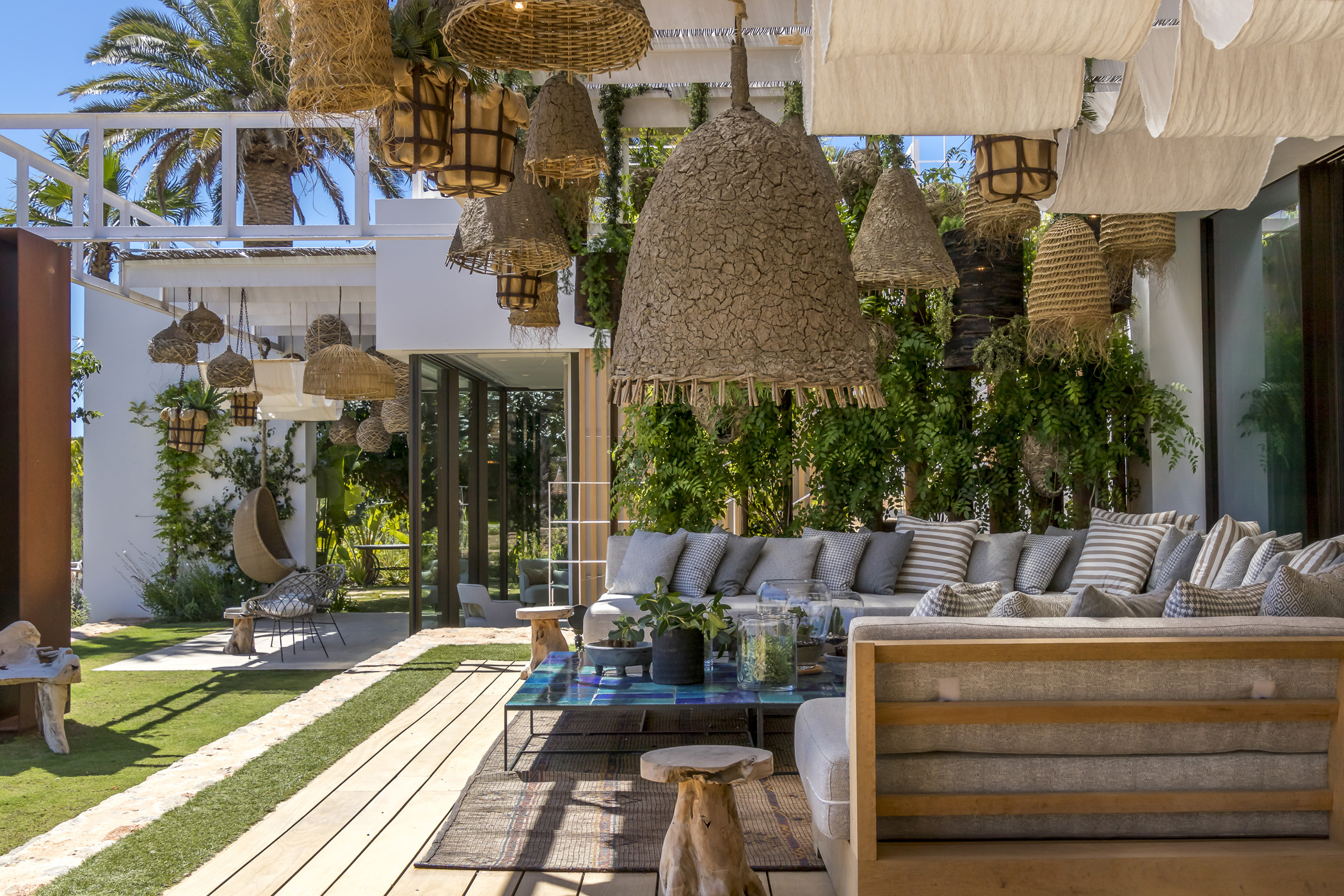 A vast covered outside area of a luxury rental villa in Ibiza