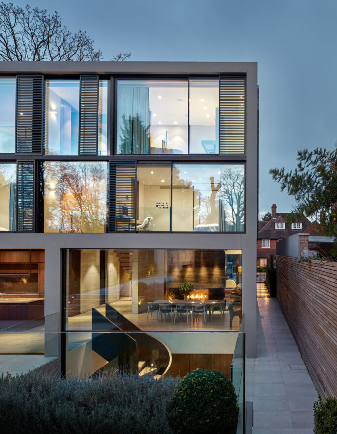 An architect-designed luxury west London house at dusk
