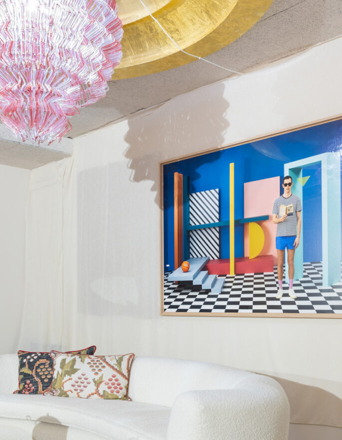 LA Studio Ibiza pink chandelier and colourful artwork by LA Studio, modern interior design and furniture in Ibiza