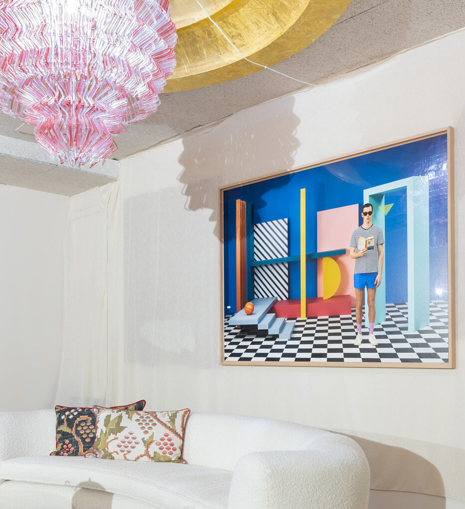 LA Studio Ibiza pink chandelier and colourful artwork by LA Studio, modern interior design and furniture in Ibiza