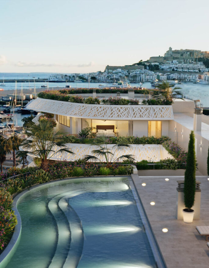 Render showing the pool of a luxury apartment complex in Marina Botafoch, Ibiza