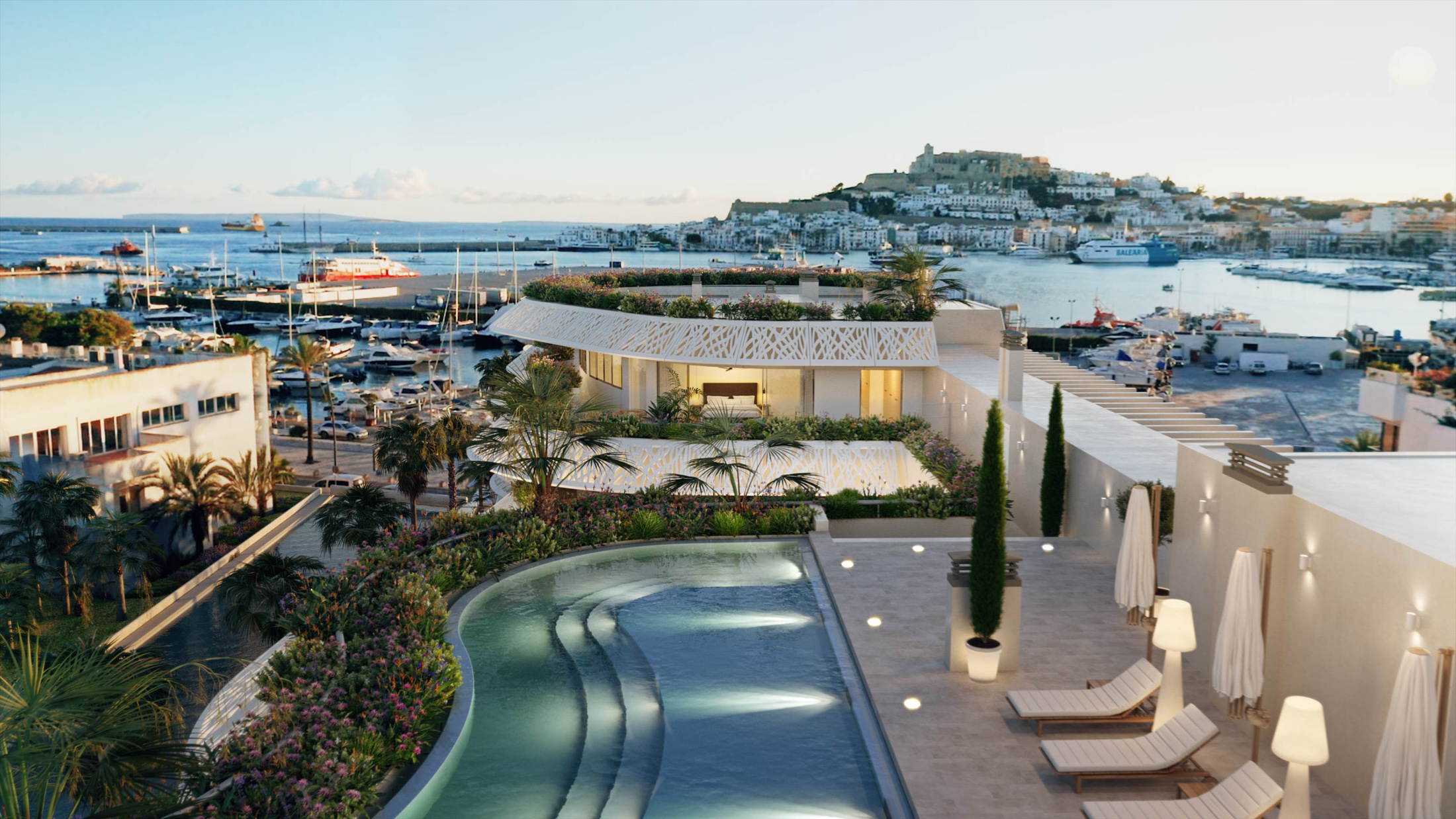 Render showing the pool of a luxury apartment complex in Marina Botafoch, Ibiza