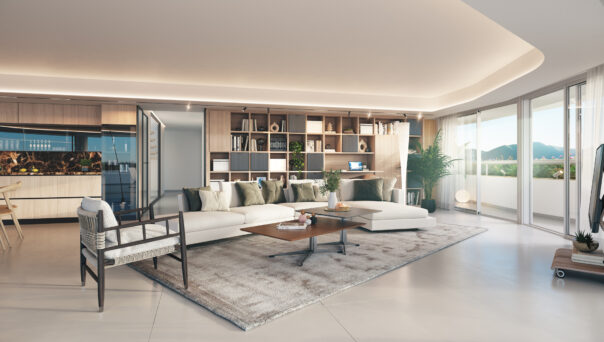 Render showing the open-plan reception room of a luxury apartment for sale in Ibiza