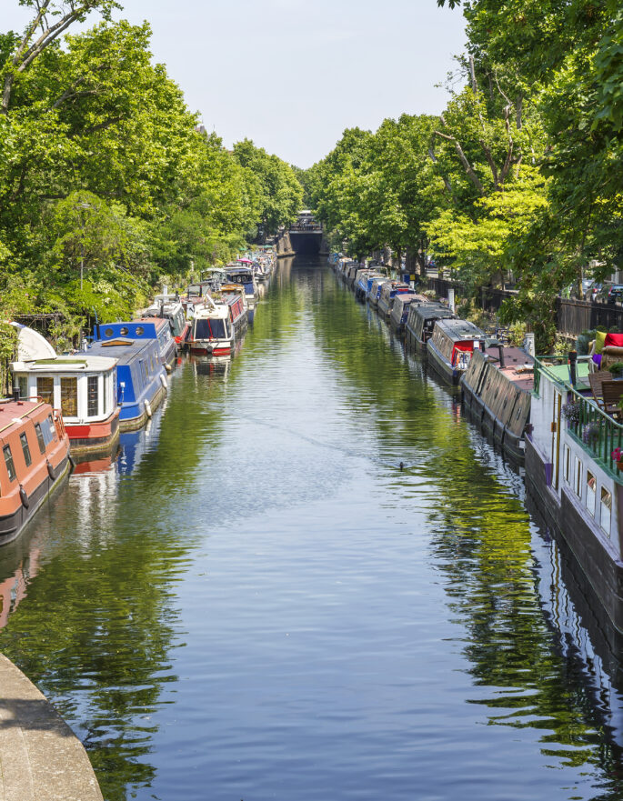 Narrow boats moored at Regent’s Canal in Little Venice London