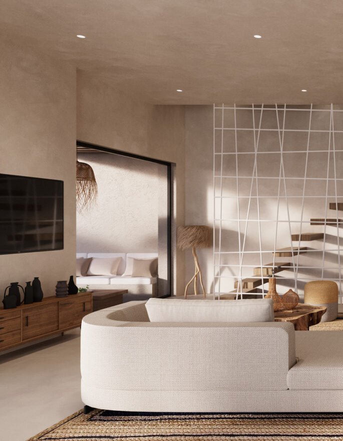 Render showing the stylish interior of a luxury Ibizan villa