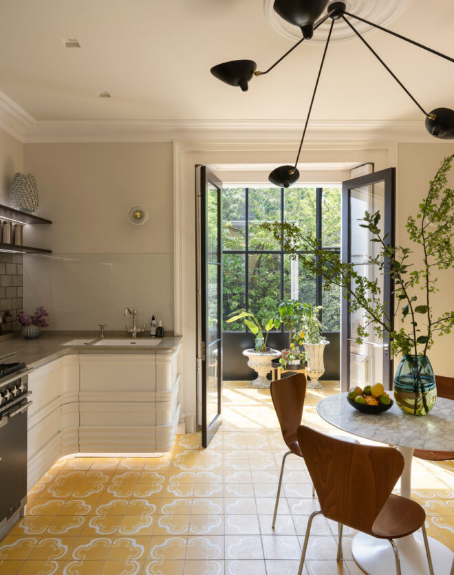 Stylish eat-in kitchen of a five-bedroom townhouse for sale on London’s South Bank