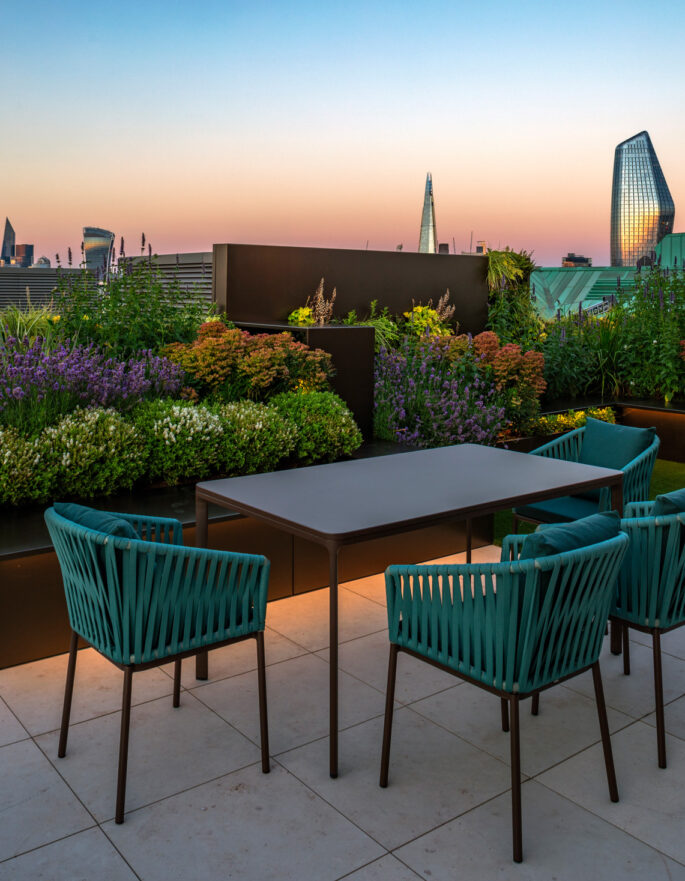 Outside seating at The Strand by Lucy Wilcox - contemporary landscape design in London