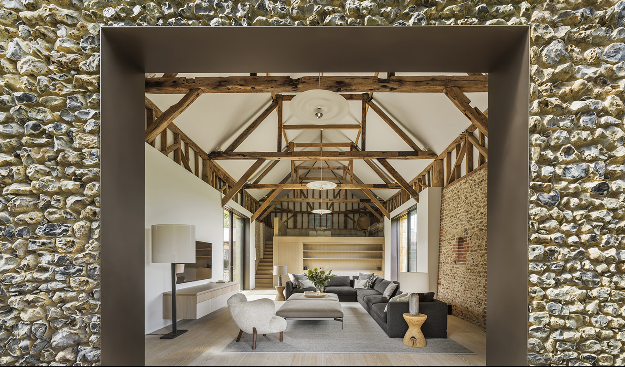 A rustic, vaulted living room