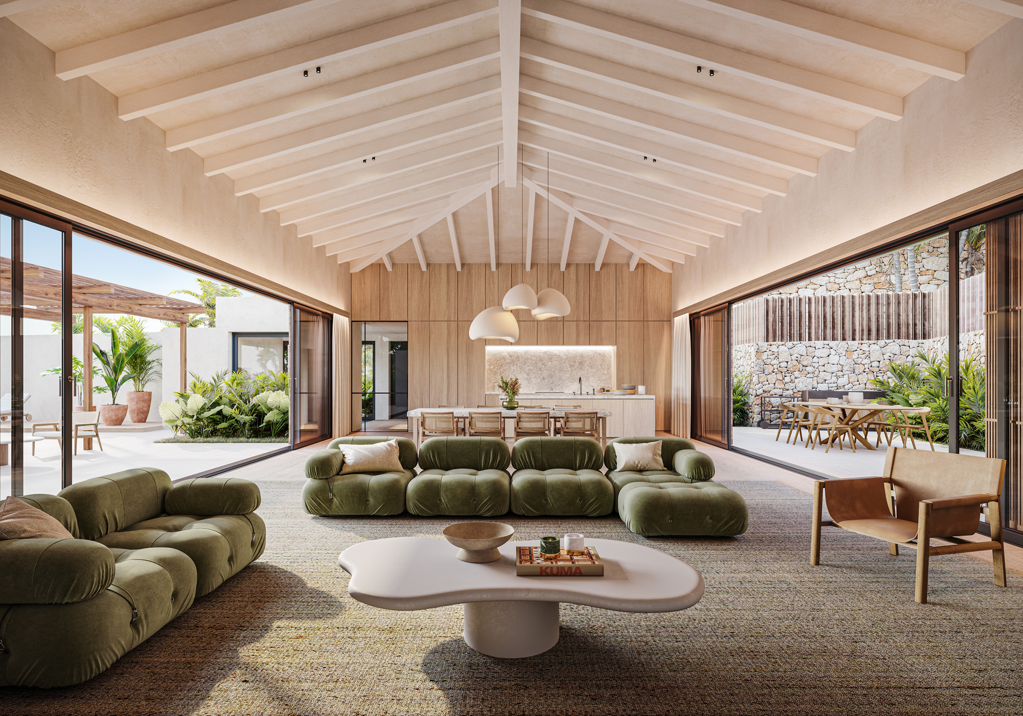 Render showing the sculptural interior of a luxury villa for sale in Ibiza