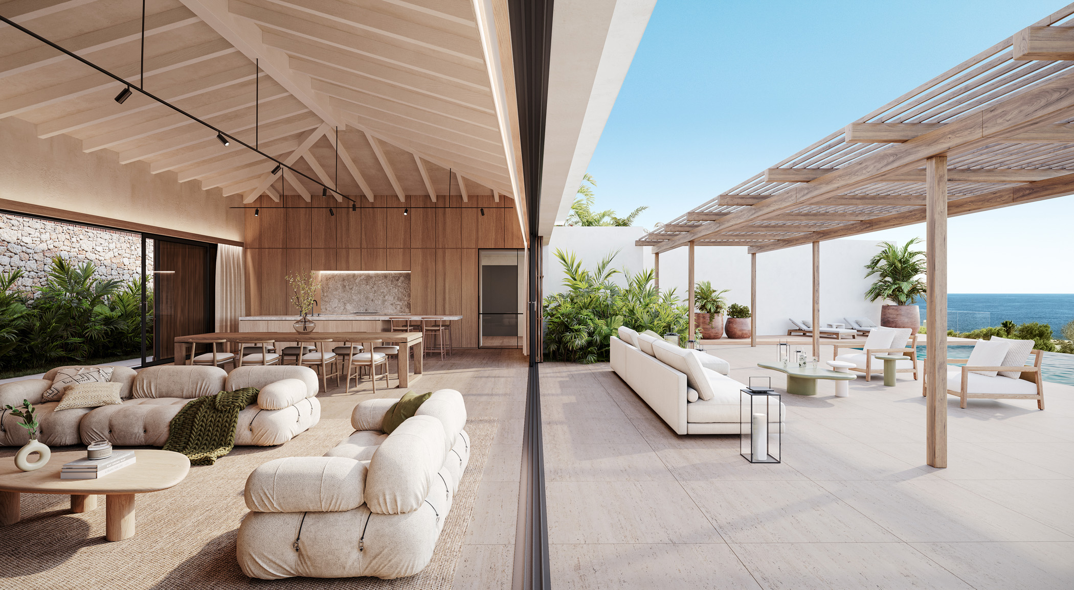 Render showing the reception room and sheletered terrace of a luxury villa in Ibiza