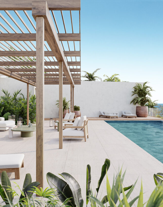 Render showing the terrace and pool of a luxury villa for sale in Ibiza