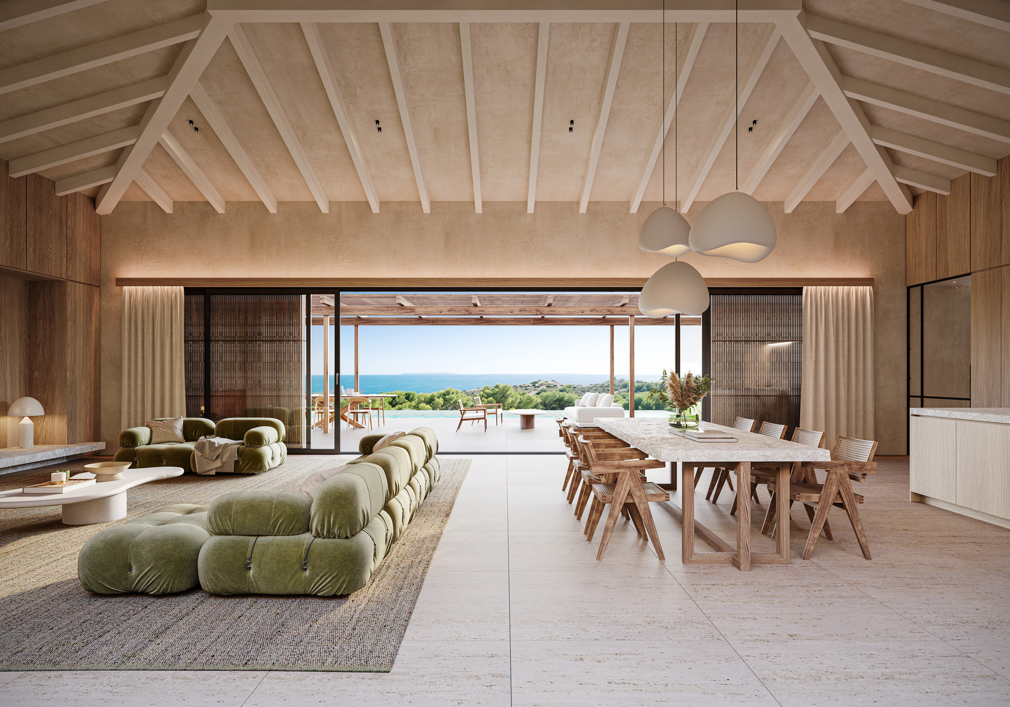 Render showing the reception room of a luxury new build villa in Ibiza