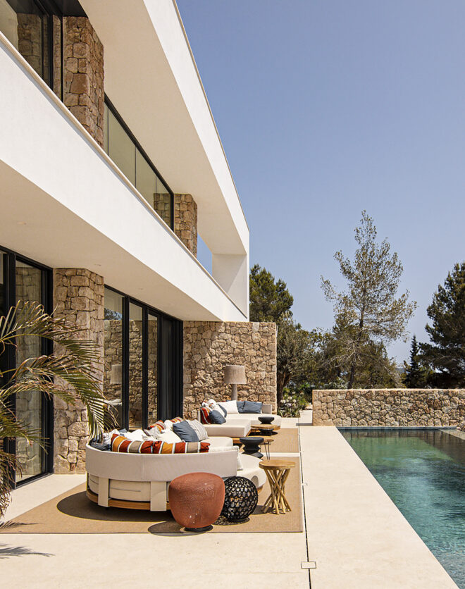 Pool area of a luxury new build villa in Ibiza