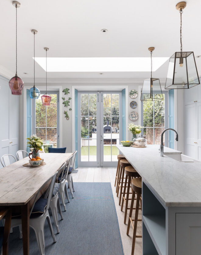 For Sale: Highlever Road North Kensington W10 open-plan kitchen and dining room with blue joinery and skylights