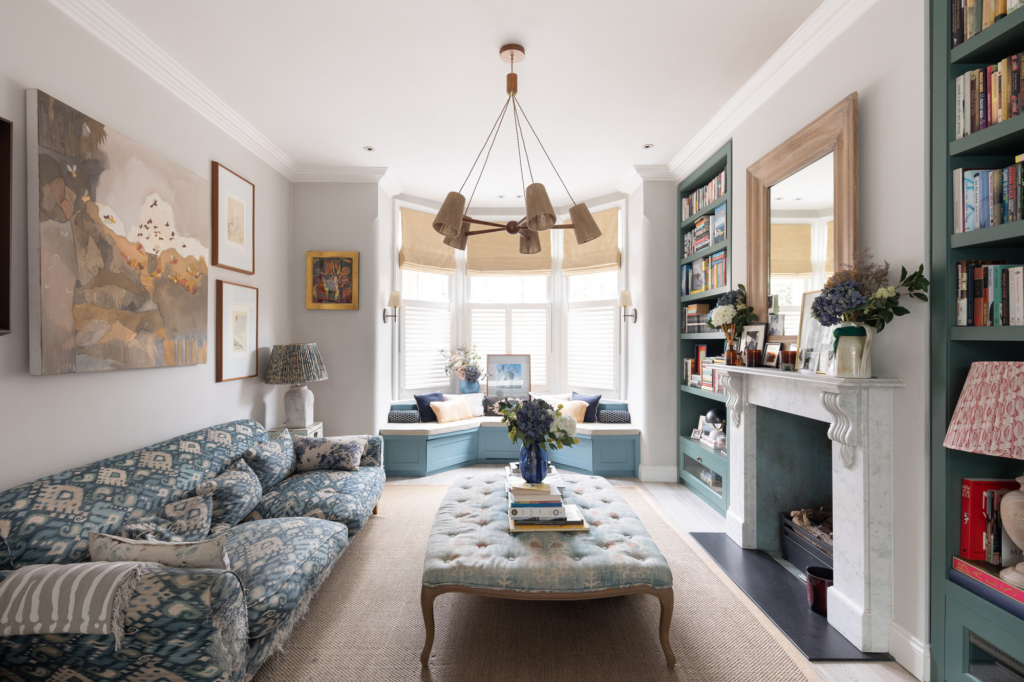 For Sale: Highlever Road North Kensington W10 open-plan kitchen and dining room with blue joinery and bay window