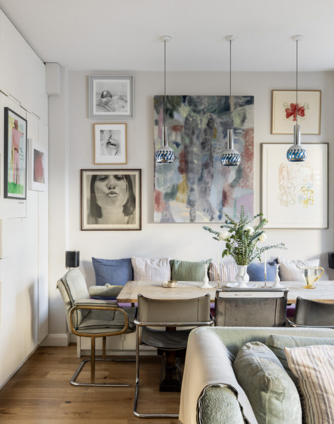 Eclectically styled dining area of a luxury one-bedroom apartment for sale in Notting Hill
