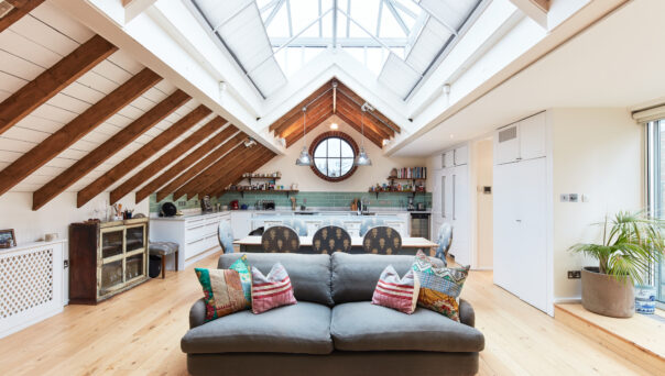 For Sale: Hewer Street North Kensington W10 loft-like reception room and kitchen with vaulted glass roof