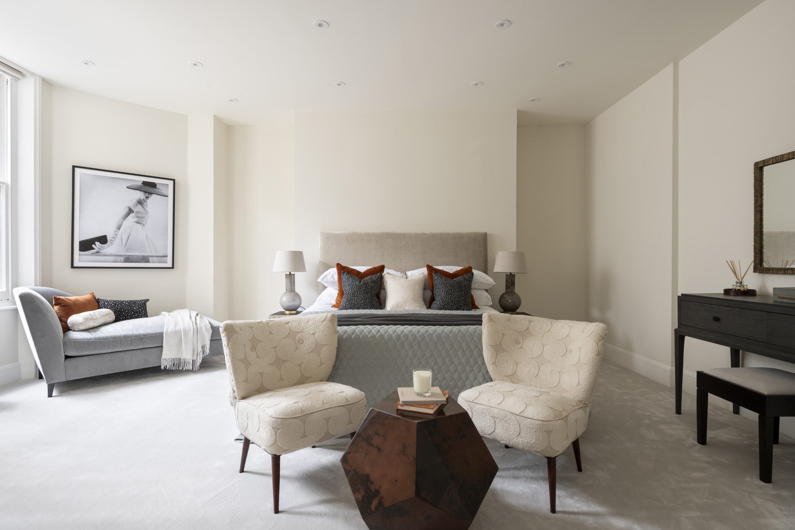 Large luxury bedroom with contemporary en suite bathroom in a Notting Hill home for sale
