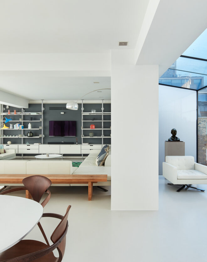 Architect-designed minimalist living room of a four-bedroom triplex for sale in Notting Hill