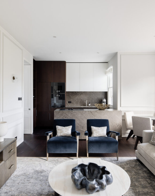 Luxury open-plan kitchen and living room of a two-bedroom apartment for sale in Notting Hill