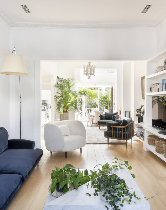 Stylish open-plan reception room of a luxury two-bedroom maisonette for sale in Notting Hill