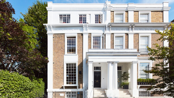 Traditional exterior of a luxury townhouse for sale on Ladbroke Road