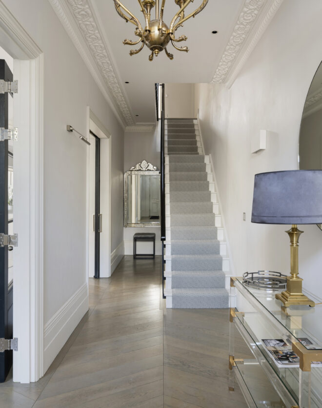Spacious reception hall of a luxury Notting Hill house for sale
