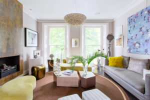 Colourful living room of a luxury townhouse for sale in Notting Hill