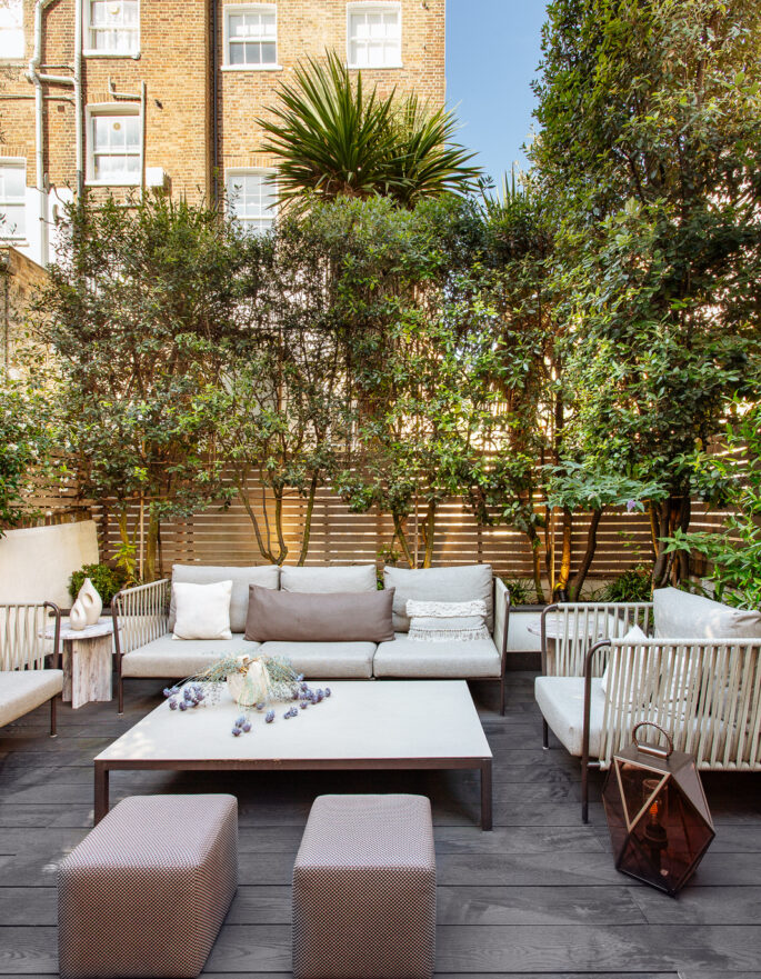 The design-led garden of a luxury townhouse in Notting Hill