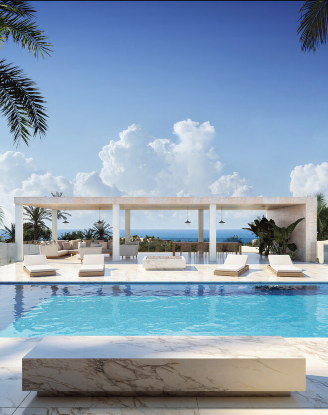 Render showing the pool and chillout area of a luxury villa for sale in Ibiza