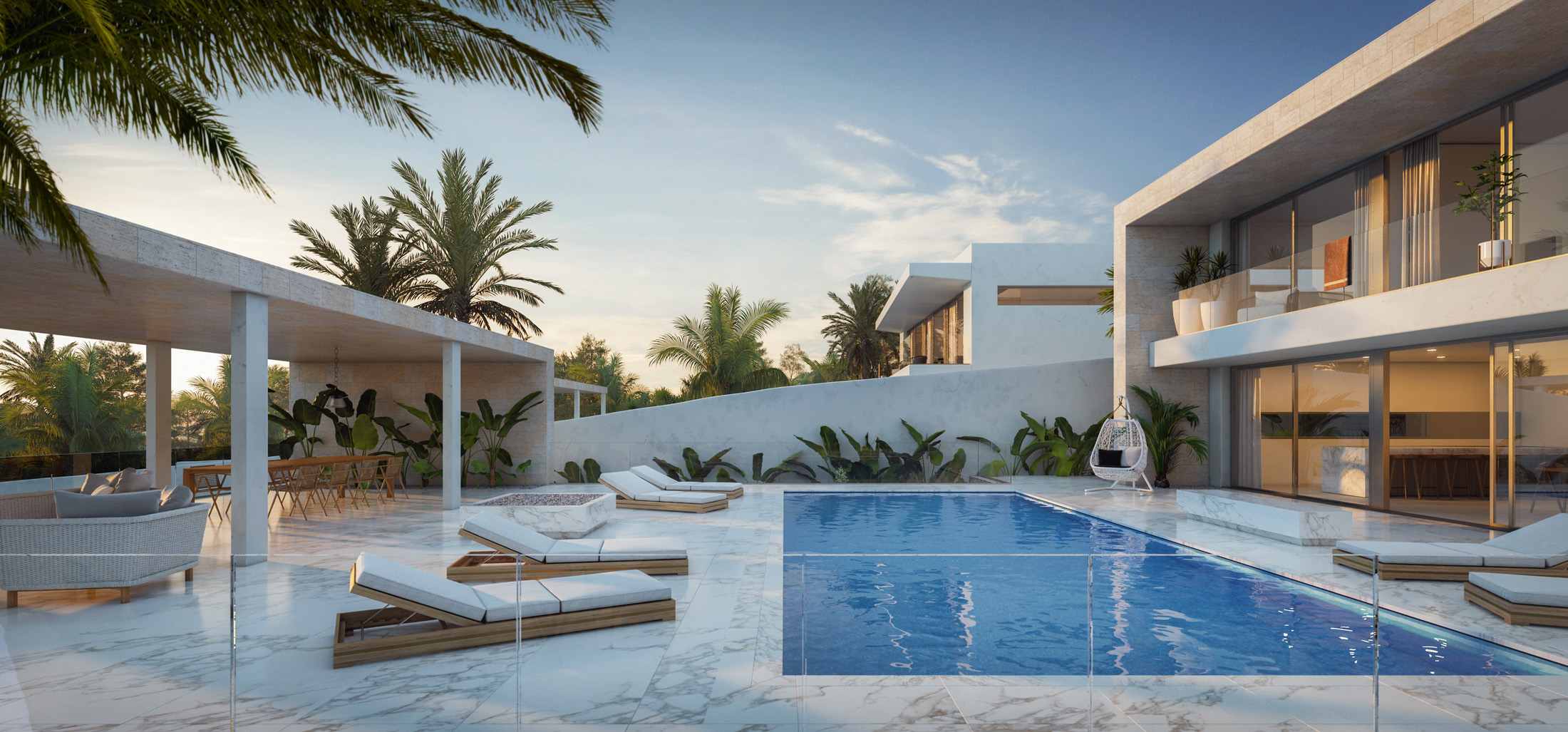 Render showing the pool and chillout area of a contemporary villa to buy in Ibiza