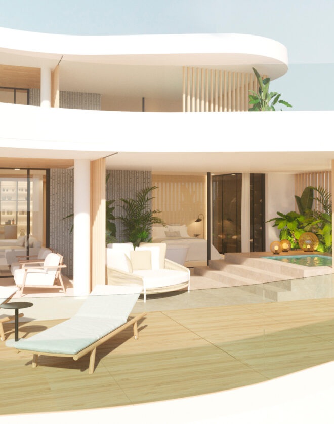 Render showing the sculptural exterior of an apartment for sale in Ibiza