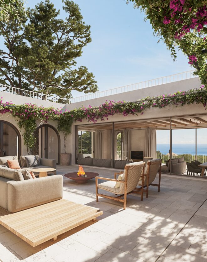 Render showing a design-led courtyard at a luxury villa for sale in Ibiza