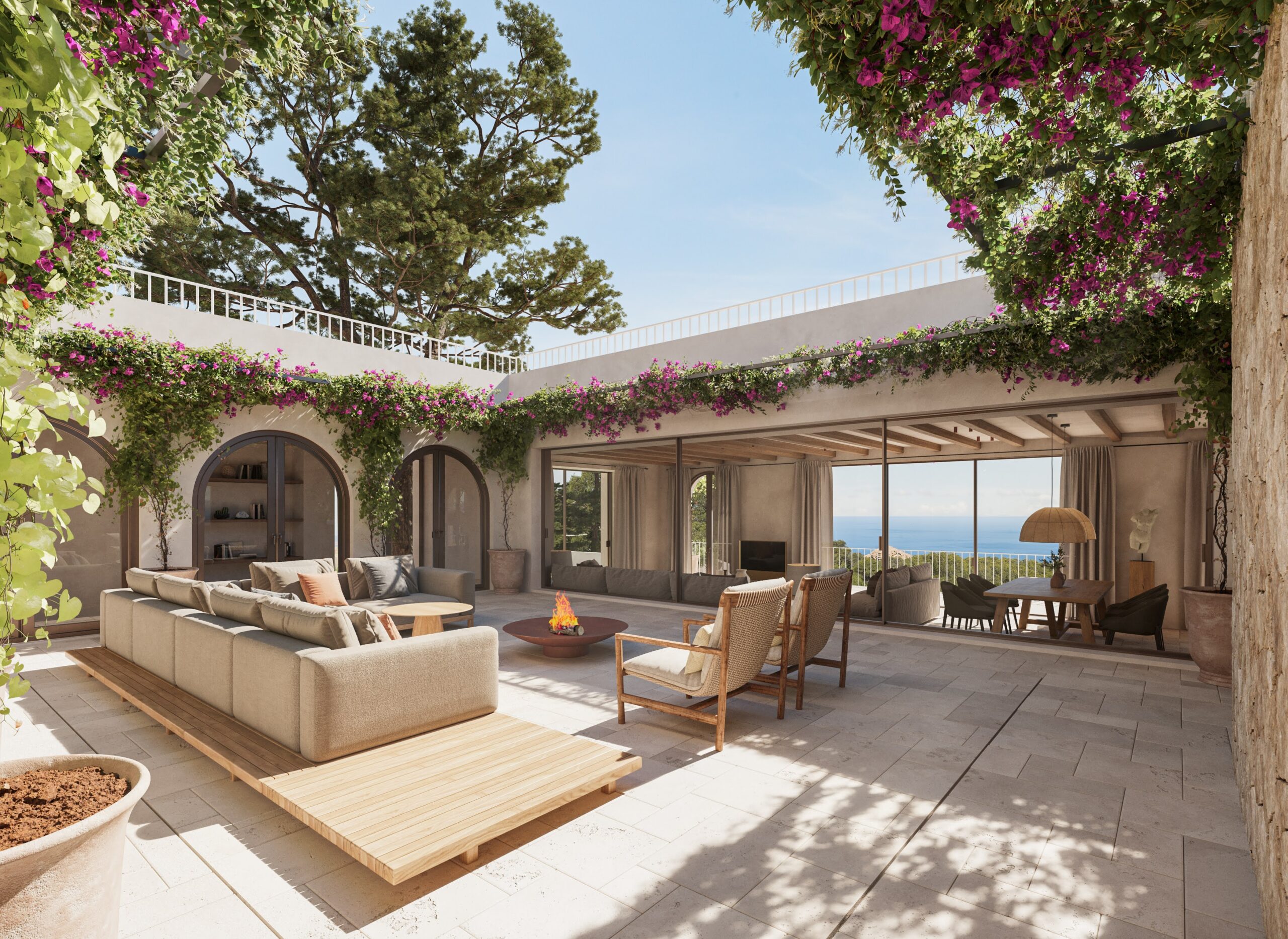 Render showing a design-led courtyard at a luxury villa for sale in Ibiza
