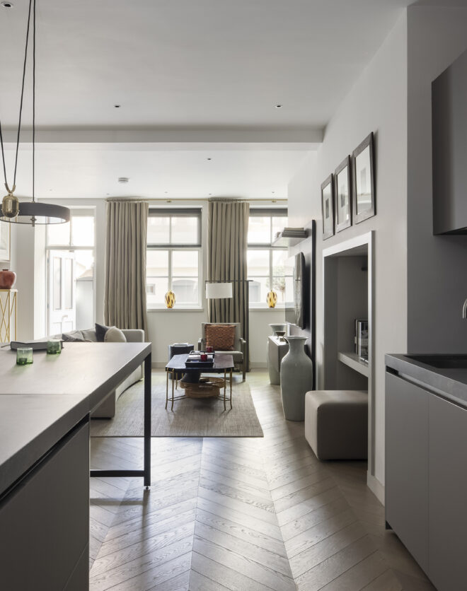 Luxury design-led interiors of a two-bedroom apartment for sale in Kensington